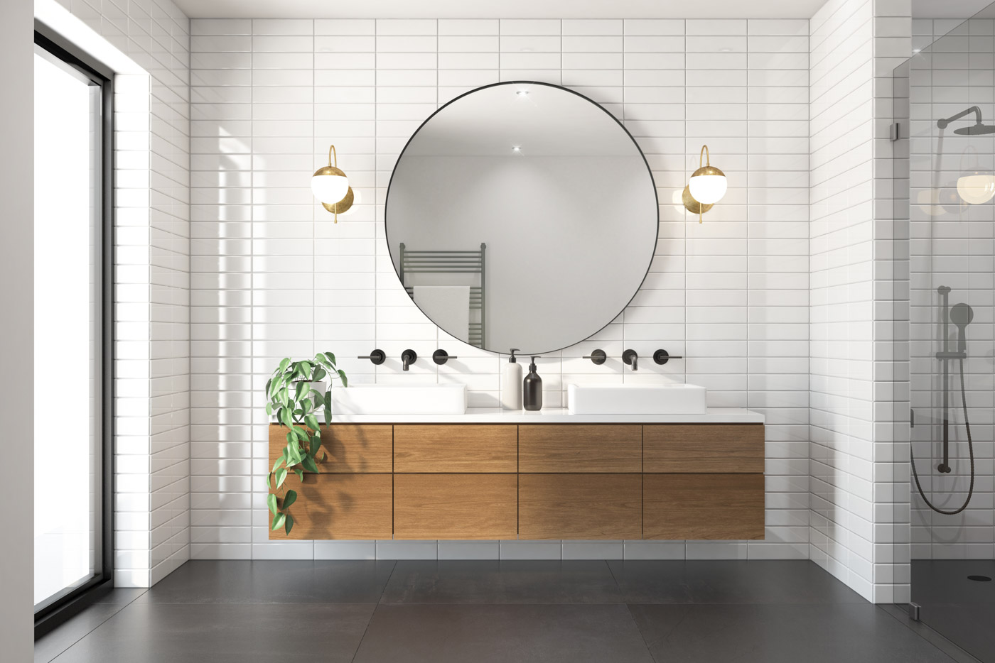 3d rendering of a modern minimal white bathroom with big round m